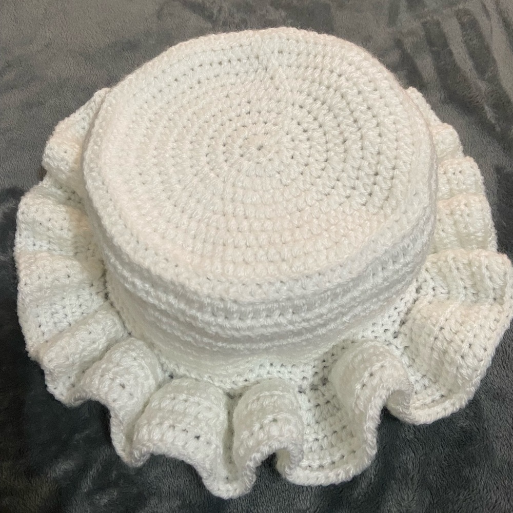 Crochet White Bucket Hat with Frills one size.
